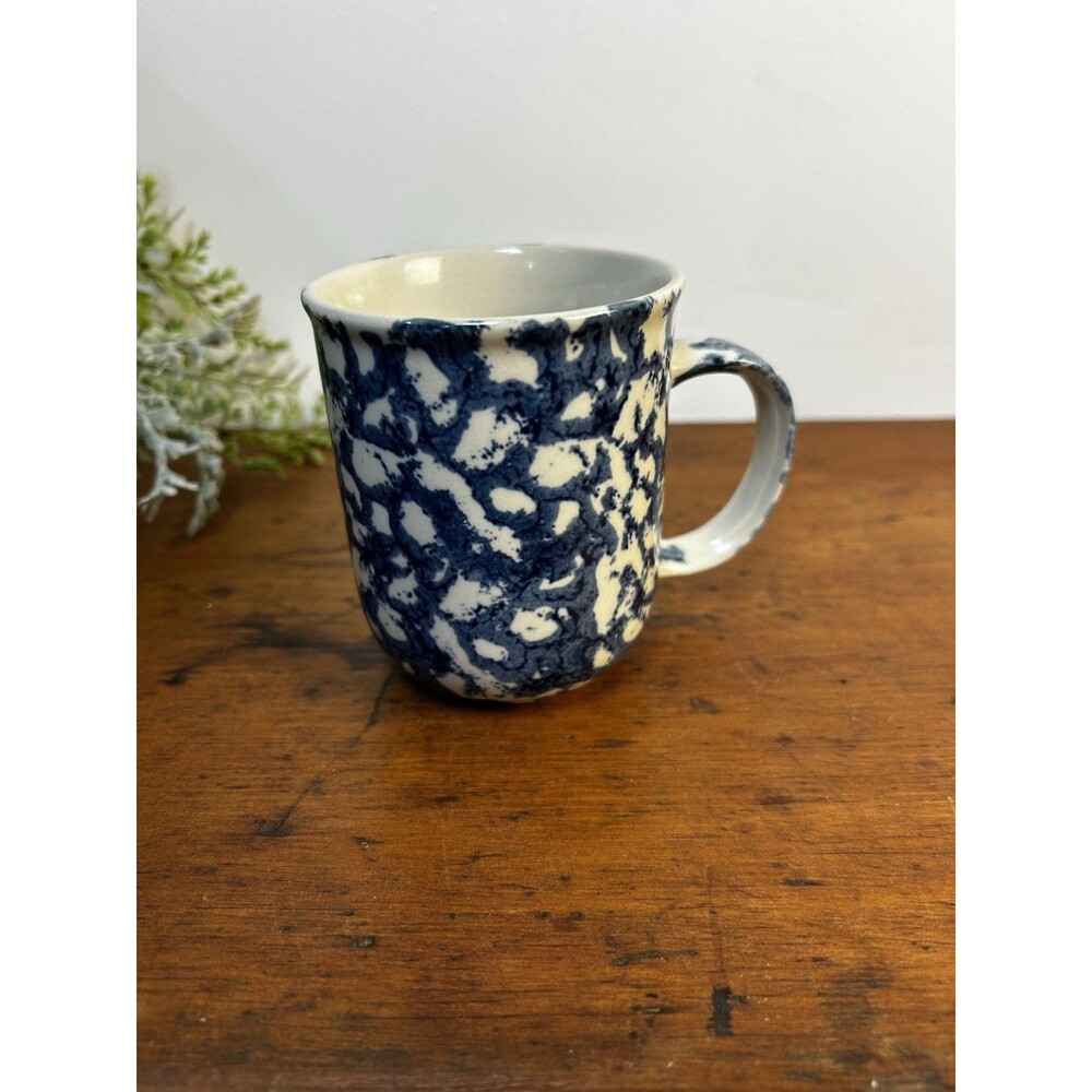 Folk Craft Sponge Design Coffee Mug Stoneware Tienshan Blue Country Cottage